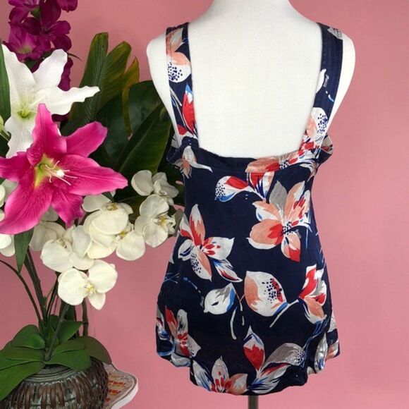 Guess Jeans Silk Navy Tropical Orchid Floral 4th of July Top - Picture 4 of 8